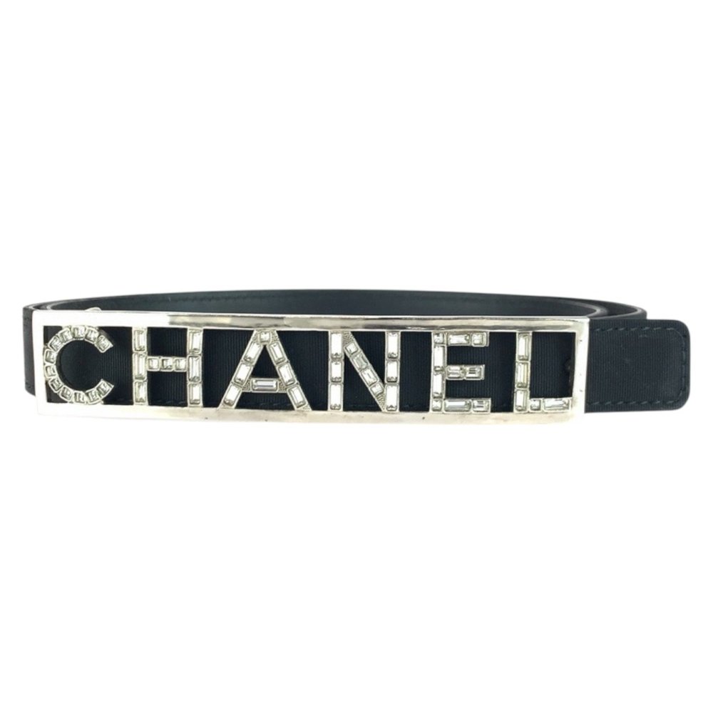CHANEL Chanel Logo Rhinestone Belt, 85cm, 34in, Black with Silver Hardware,